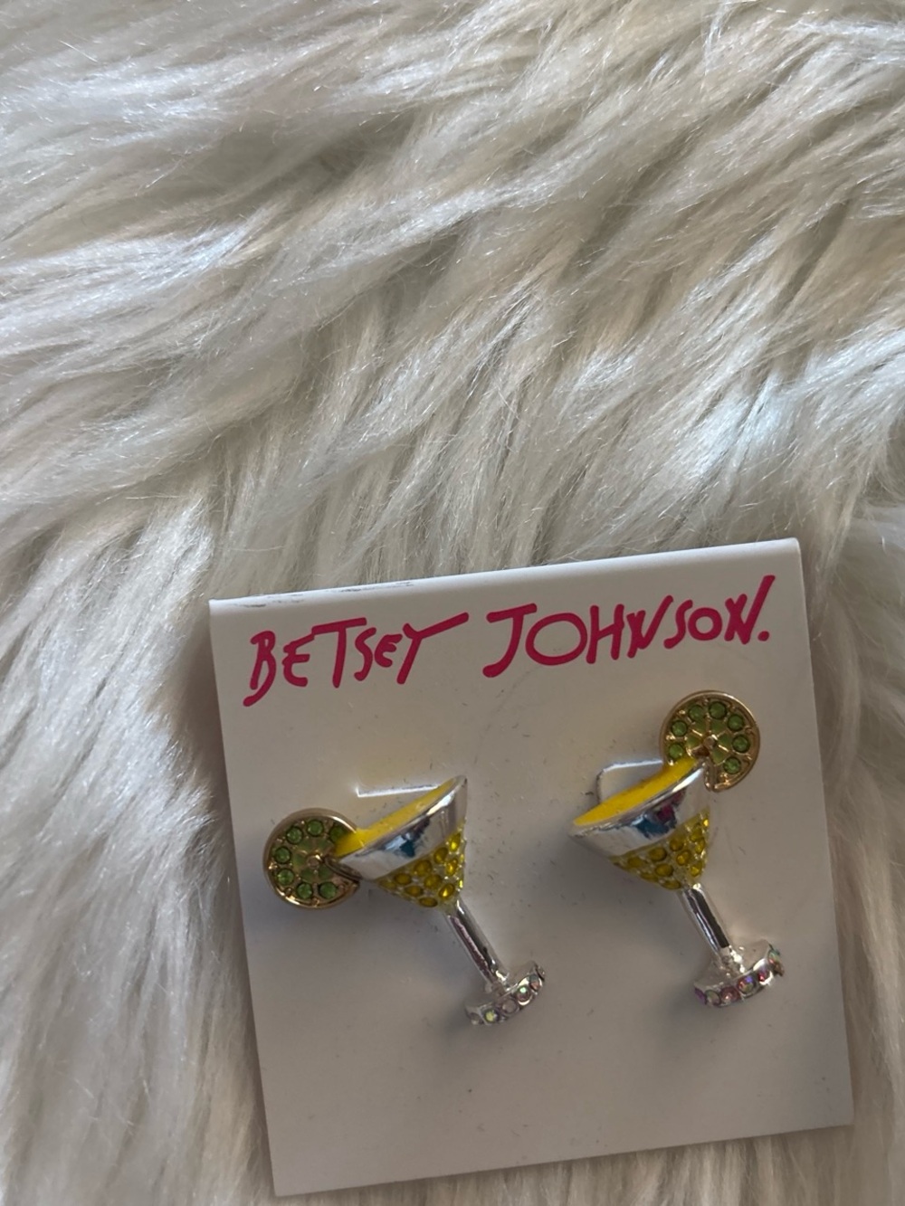 Betsey Johnson Yellow Martini Glass Drop Stud Earrings with Green Accent